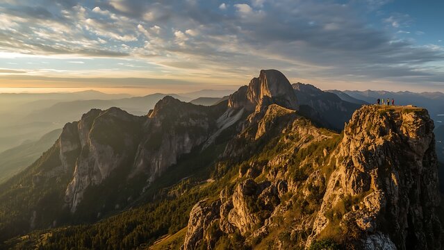 Aerial view of a mountain range with a group of people standing on the top of a rocky outcrop at sunset