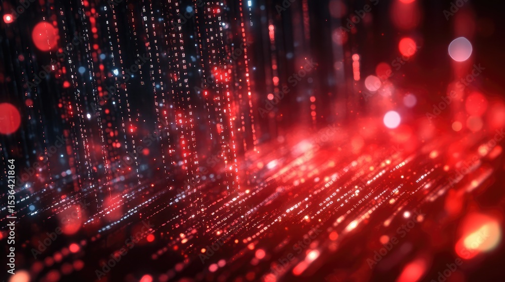 Wall mural abstract digital rain with red and blue light bokeh creating a futuristic technology background