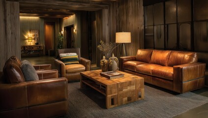 Leather seating, wooden accents, and warm lighting define this cozy living room space.