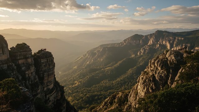 Aerial view of mountainous landscape with people standing on a rocky peak at sunset or sunrise