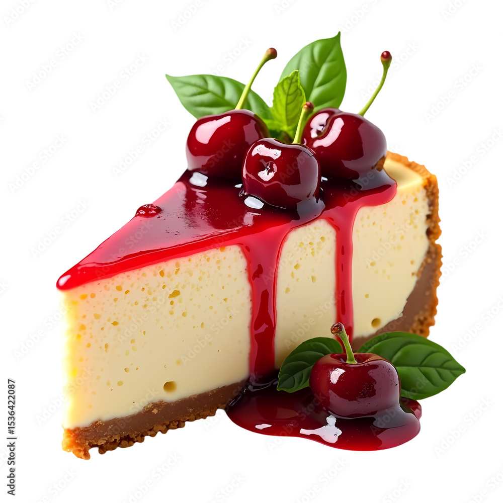 Poster a slice of cheesecake with cherries and red glaze isolated on transparent background