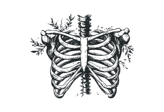 Detailed anatomical ribcage illustration with floral accents. Vector retro hand drawn illustration