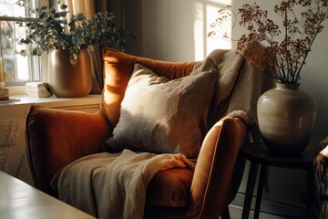 Cozy living room with warm tones, soft textiles, a large armchair, and a welcoming vibe.