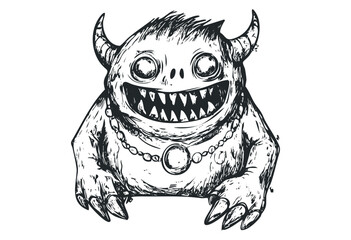 Cartoon horned monster with fierce smile and necklace in black and white illustration. Vector retro hand drawn illustration