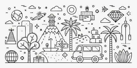 Minimal black line art vector pattern of travel elements