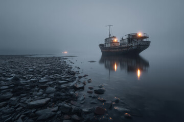 A rusty old ship abandoned in the sea near a small island.