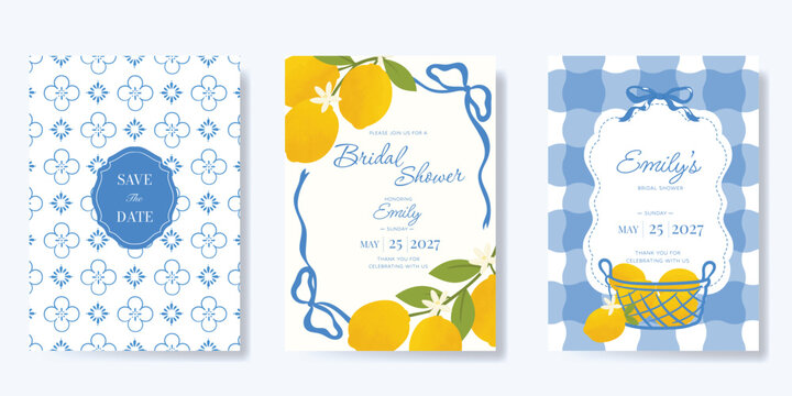 Indigo Italy summer invitation card vector. Italian poster with lemon, Blue Mediterranean tiles pattern, summer element. Design for wedding card, greeting card, bridal shower, cover.