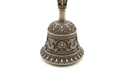Traditional Bhutanese hand bell with intricate carvings, isolated on white background. Generative AI