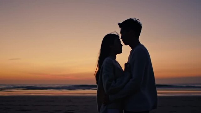 young couple embracing at sunset on the beach
