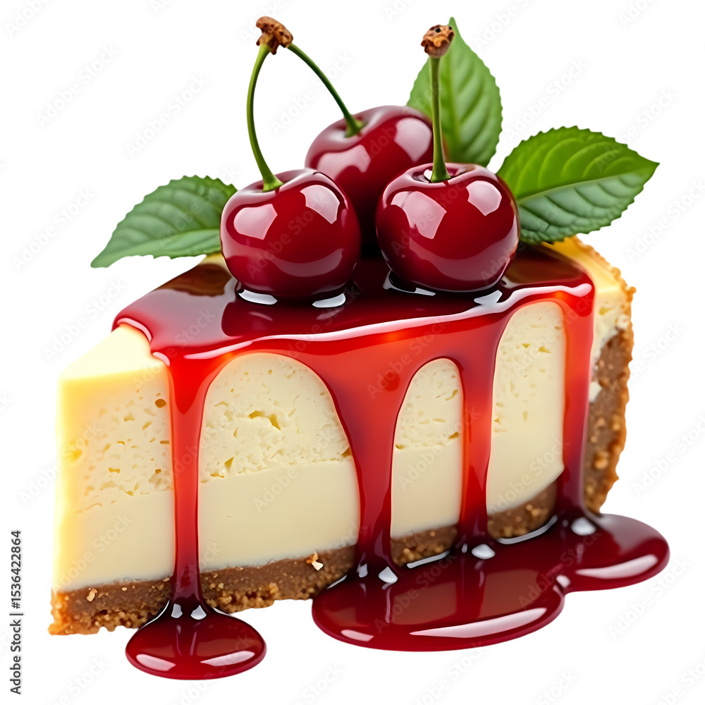 Poster a slice of cheesecake with cherries and red glaze isolated on transparent background