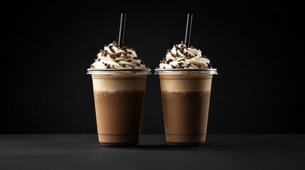 Two frappe drinks topped with whipped cream on black background. Ideal for restaurant menus or advertising a coffee shop special.