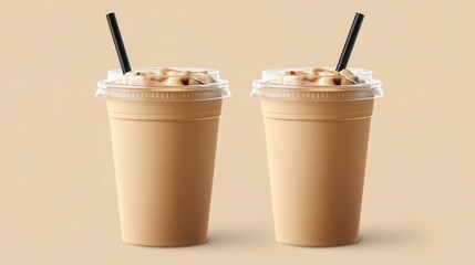 Two iced coffee drinks in plastic cups, with straws, on a tan background. Use this for blogs, articles, or ads about coffee and refreshing drinks.