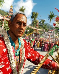 Traditional Nepalese Man Participating in Bisket Jatra Festival Celebrations