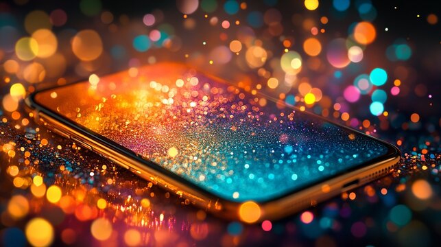 A sleek mobile phone displays a vibrant, shimmering screen, surrounded by glowing bokeh lights that evoke a sense of futuristic technology.