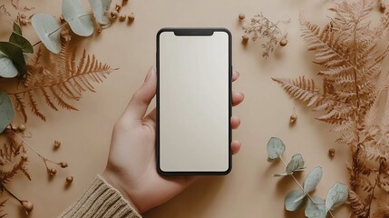 Person holding a mobile device surrounded by dried botanicals against a tan background in a clean, minimalist aesthetic.