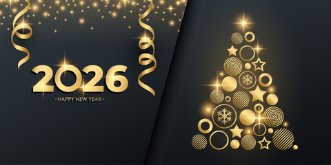 2026 Happy New Year festive banner with golden Christmas tree. Sparkles and ribbons. Black and gold colors. Vector illustration.