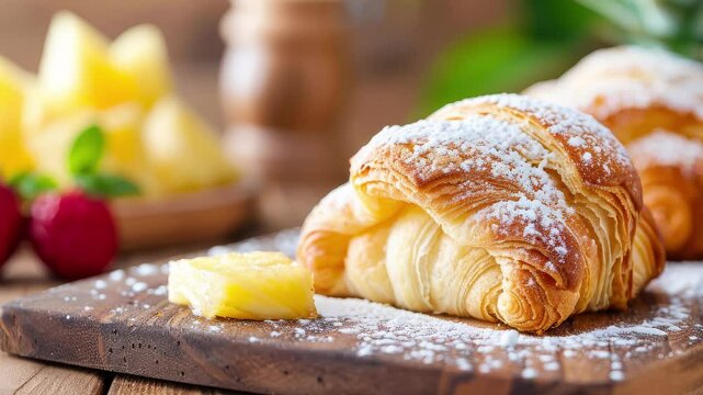 Pineapple pastry with powdered sugar, morning sunlight