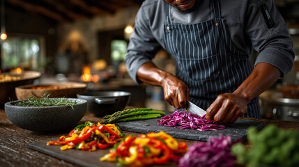 A man in an apron chopping vegetables on a cutting board