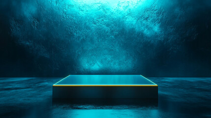 Stunning minimalist neon cyan rectangular platform with gold accents on a reflective surface showcasing cosmic vibes