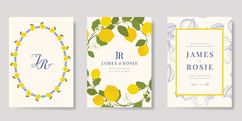 Indigo Italy summer invitation card vector. Italian poster with lemon, Blue Mediterranean tiles pattern, summer element. Design for wedding card, greeting card, bridal shower, cover.