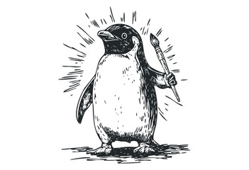 Creative penguin holding a paintbrush in artistic sketch style. Vector retro hand drawn illustration
