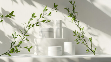 Minimalist Product Display Featuring White Cosmetic Jars Arranged with Green Branches for Natural Aesthetics