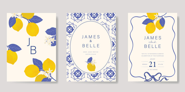 Indigo Italy summer invitation card vector. Italian poster with lemon, Blue Mediterranean tiles pattern, summer element. Design for wedding card, greeting card, bridal shower, cover.