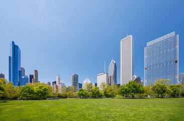 Sunny view of downtown Chicago with iconic skyscrapers rising above a lush green park meadow
