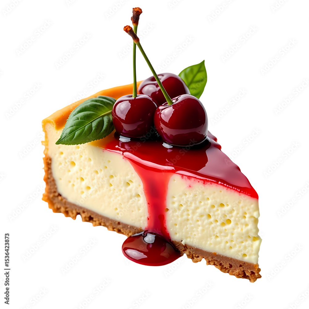 Poster a slice of cheesecake with cherries and red sauce on isolated on transparent background