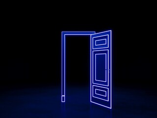 Open door in the dark space. Blue neon door. 3D rendering