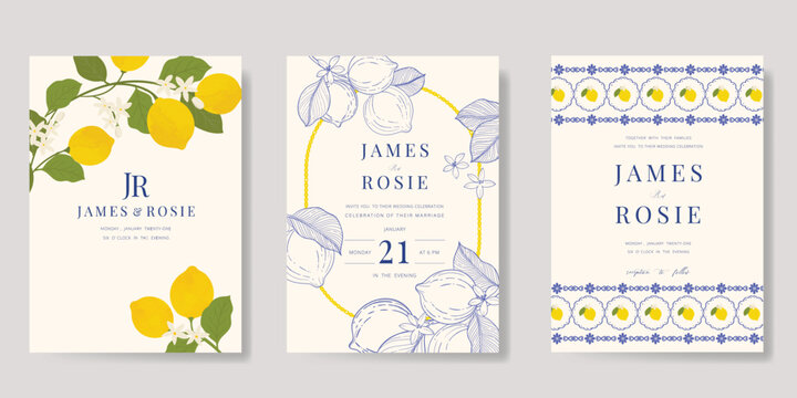 Indigo Italy summer invitation card vector. Italian poster with lemon, Blue Mediterranean tiles pattern, summer element. Design for wedding card, greeting card, bridal shower, cover.