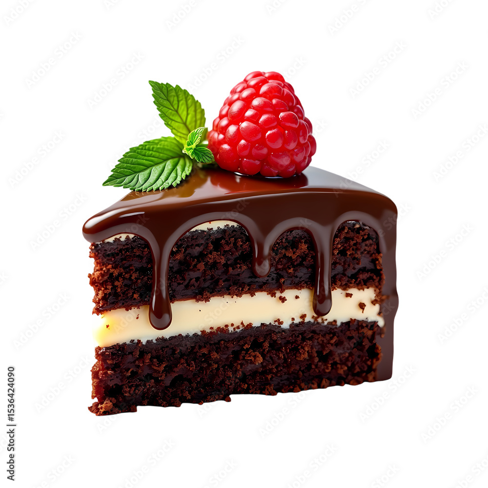 Poster a slice of chocolate cake with raspberry and mint isolated on transparent background