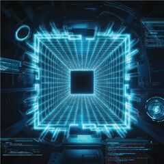 A futuristic digital tunnel made of glowing blue screens arranged in a spiral, cyberpunk style, neon reflections, sci-fi concept art.

