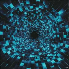 A futuristic digital tunnel made of glowing blue screens arranged in a spiral, cyberpunk style, neon reflections, sci-fi concept art.

