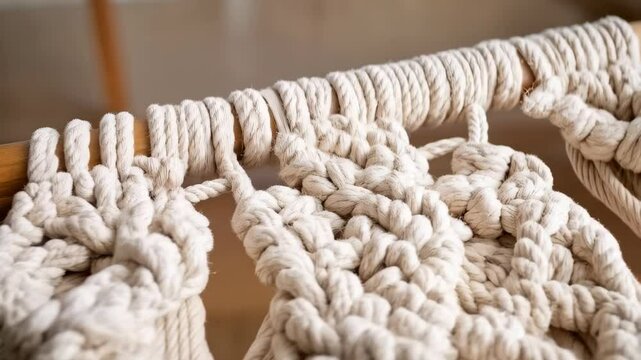 Close up of Handmade Macrame Wall Hanging with Natural Cotton Rope on Wooden Dowel Rod, Interior Decoration with Boho Style