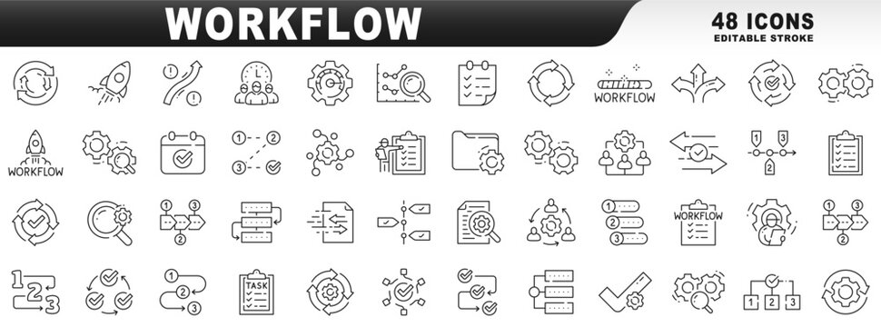 Big set of workflow related line icons. Editable stroke