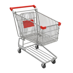 Wire shopping cart with red basket, commercial design for store or market scenes