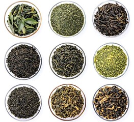 Fototapeta premium Collection of green tea top view close-up set isolated on white background ,