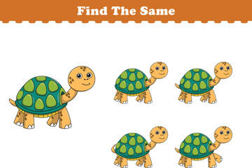 Funny cartoon turtle. Find same pictures. Educational game for children. Cartoon vector illustration