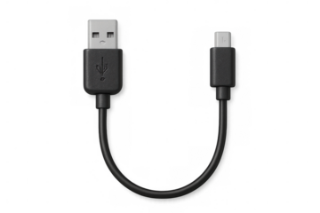 Close-up of a black usb cable connecting a micro usb plug to a usb type-a plug, isolated on a transparent background