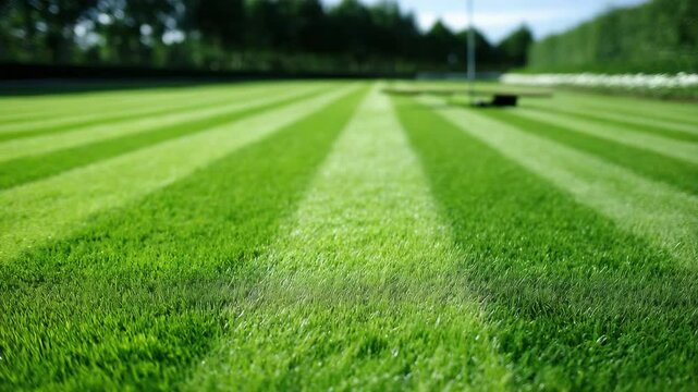 Freshly mowed green grass lawn with striped pattern in outdoor garden, vibrant and well maintained, summer sunlight landscape, peaceful inviting atmosphere, perfect for garden or sports area