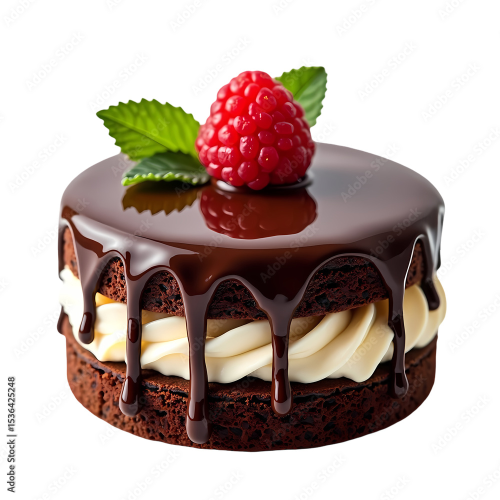 Poster chocolate cake with cream and raspberry topping on isolated on transparent background