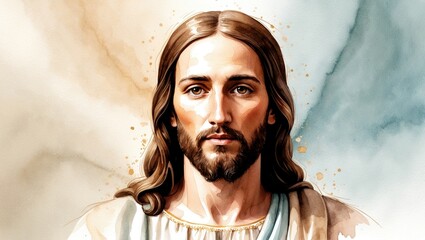 Portrait of Jesus Christ. Jesus of Nazareth. Watercolor illustration. Close-up portrait