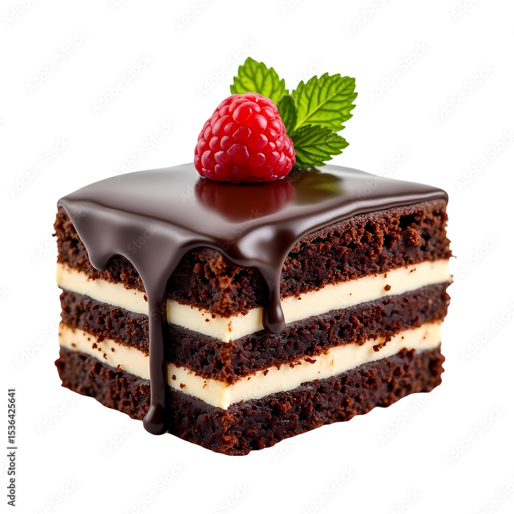 Poster a piece of chocolate cake with raspberry and mint on top view isolated on transparent background