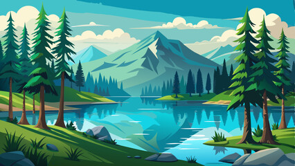 Beautiful landscape view of a serene pine forest with tall evergreen trees surrounding a calm reservoir lake. The clear water reflects the lush green forest and bright blue sky