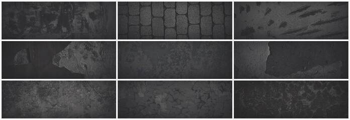Set of dark panoramic background textures. Collection of wide textures with peeling paint, cracks,...