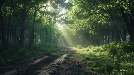 Fototapeta premium Serene Sunlit Forest Paths: Morning Light Filtering Through Lush Canopies
