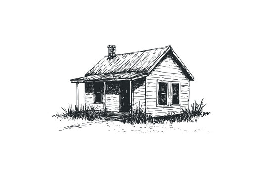 Rustic old wooden cabin sketch with chimney and porch. Vector retro hand drawn illustration