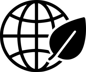Line art icon of a globe with two leaves growing, symbolizing environmental protection and sustainability
