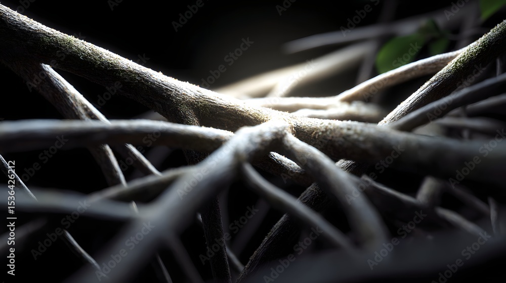 Poster intricate network of gnarled, intertwining tree roots in dark and light, representing the dynamic gr